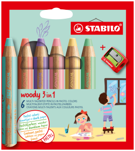 Super kredki STABILO woody 3 w 1 zestaw pastelowy 6 sztuk z temperówką